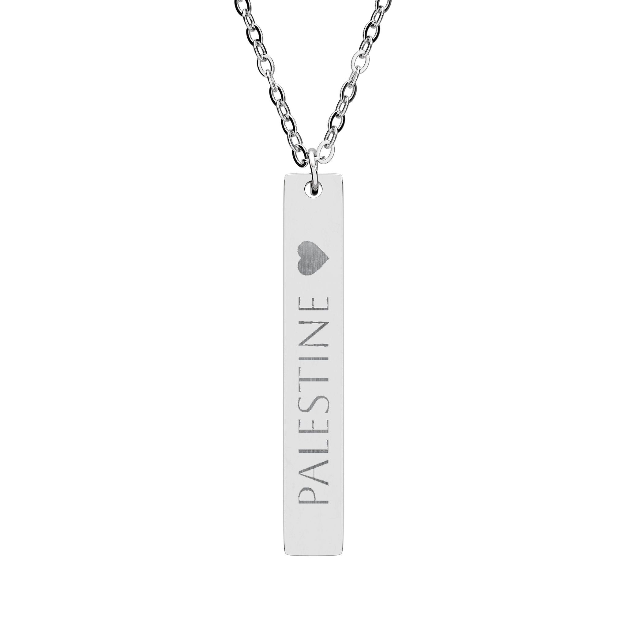Palestine Engraved Vertical Bar Necklace — Sterling Silver Memorial Pendant